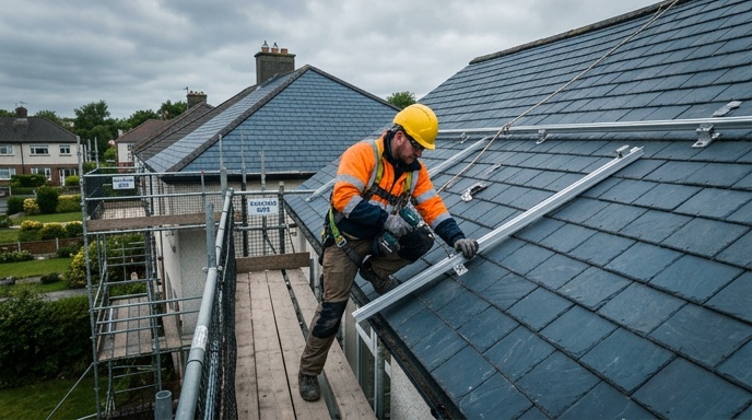 Can You Take Your Solar Panels When Moving House? 2 Irish suburban home with solar panels on slate roof and a for sale sign in front garden