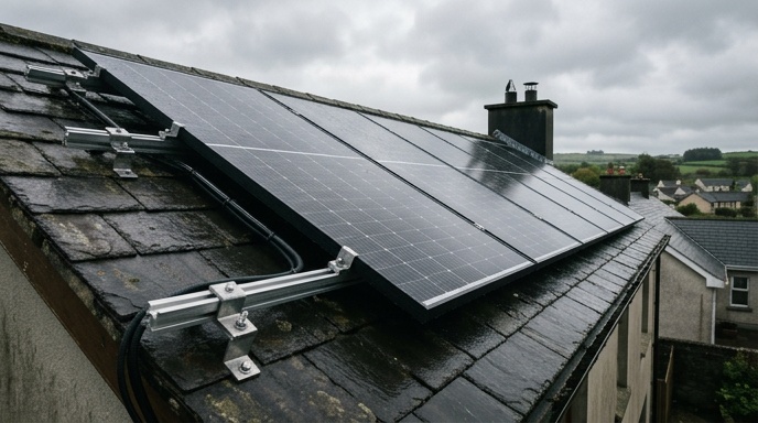 What Is Payback Period Of Investment In Solar Panels? 2 Solar panels installed on an Irish semi-detached house with green garden and overcast sky