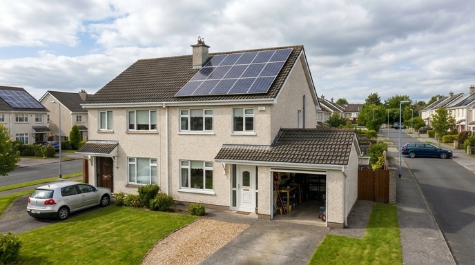 Solar Panels and Smart Meters in Ireland: What You Need to Know 4 Homeowner checking solar panel monitoring app on smartphone in kitchen