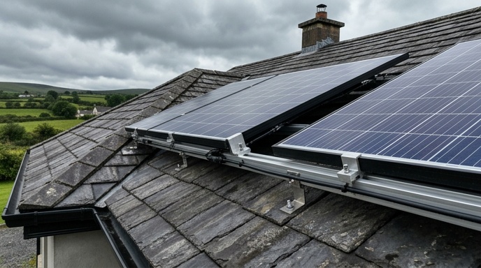 How to Calculate Solar Panel ROI in Ireland? 2 Solar panels installed on a south-facing slate roof of an Irish suburban house