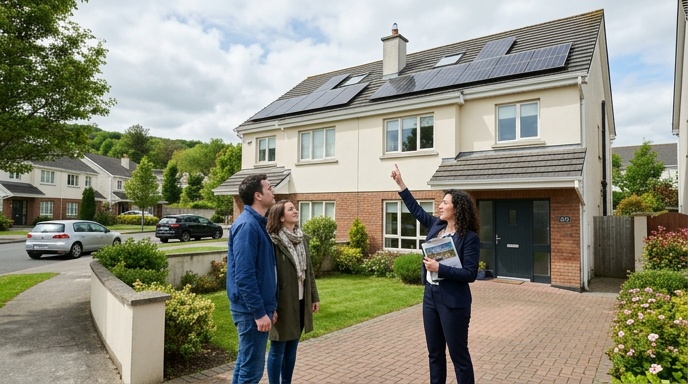Can You Take Your Solar Panels When Moving House? 4 Homeowner reviewing SEAI solar grant paperwork at kitchen table with solar panels visible through window