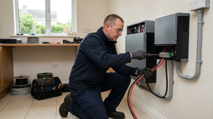 10kW Solar Battery Price in Ireland: 2026 Cost Guide 3 Close-up of a home battery storage unit and hybrid inverter fitted in an Irish garage