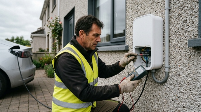 EV Charger Grant in Ireland: SEAI Rates and How to Apply in 2026 2 Home EV charger installed on an Irish suburban house with electric car on driveway