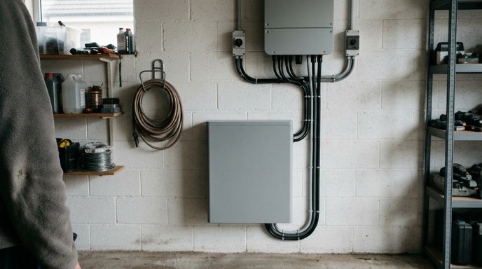 10kW Solar Battery Price in Ireland: 2026 Cost Guide 2 Wall-mounted 10kW solar battery installed in an Irish home utility room next to a hybrid inverter