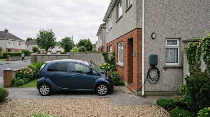 EV Charger Installation Cost in Ireland: 2026 Prices 2 Home EV charger installed on the wall of an Irish suburban house with electric car in driveway