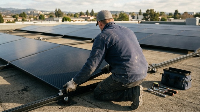 Solar Panels on a Flat Roof in Ireland: How It Works and What It Costs 3 Close-up of aluminium mounting rail and concrete ballast on a flat roof membrane