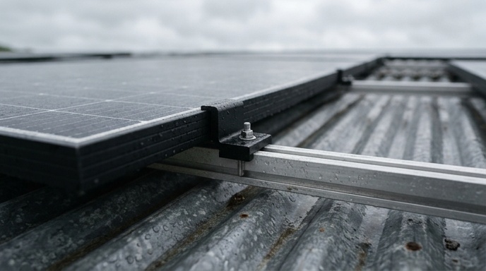 Solar Panels for Sheds and Outbuildings in Ireland 2 Solar panels mounted on the pitched roof of a detached rural Irish garage in morning sunlight