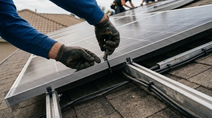 Bird and Pigeon Proofing for Solar Panels: Detailed Explaination 3 Feathers droppings and nesting debris collected in a gutter below a rooftop solar array
